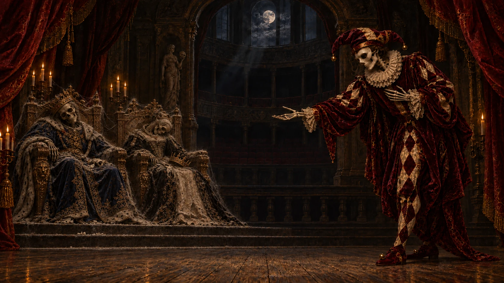 In the same royal chamber, the king and queen's ancient bones lie collapsed on dusty, cobwebbed thrones. The skeletal jester on the right still performs.
