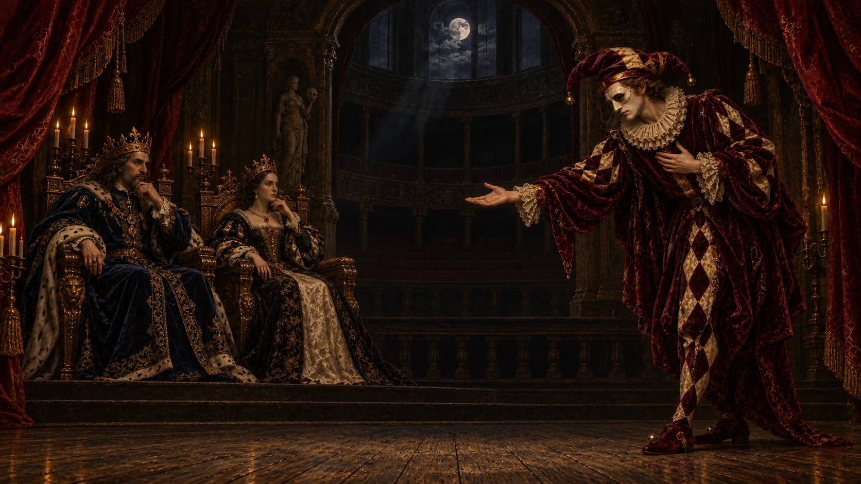 A living jester performs on the right of a dark royal chamber. A king and queen watch from two thrones on the left.