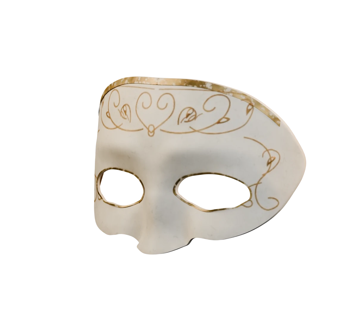 An aged ivory half mask with delicate gold scrollwork, a short nose cover, hollow eyes and a worn gold rim.