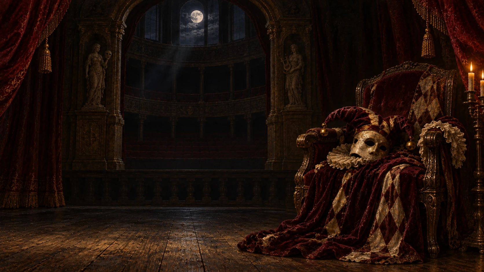 An empty theatre stage. An abandoned mask and jester costume lie on the right, with no performer remaining.