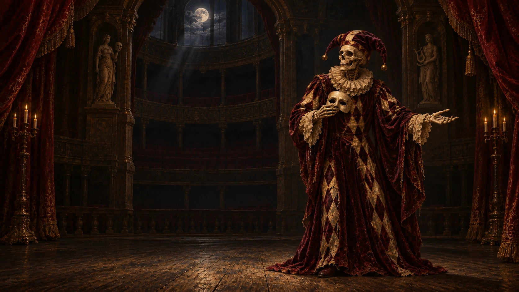 A lone skeletal jester in oxblood clothes stands on the right of a dark stage, holding one ivory mask and extending a hand toward an absent audience.